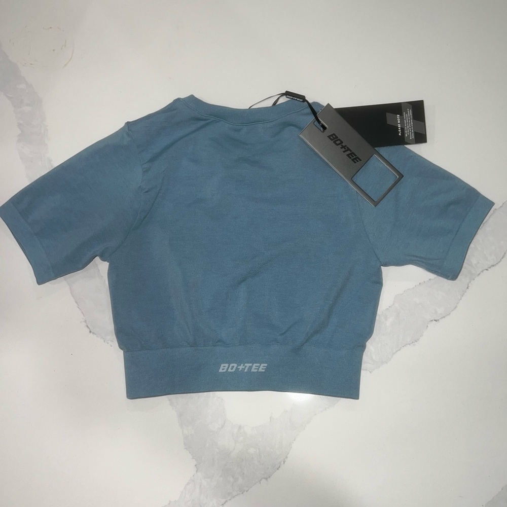 BO+TEE Cap Sleeve Define Luxe Crop Top in Denim Blue - Picture 5 of 6